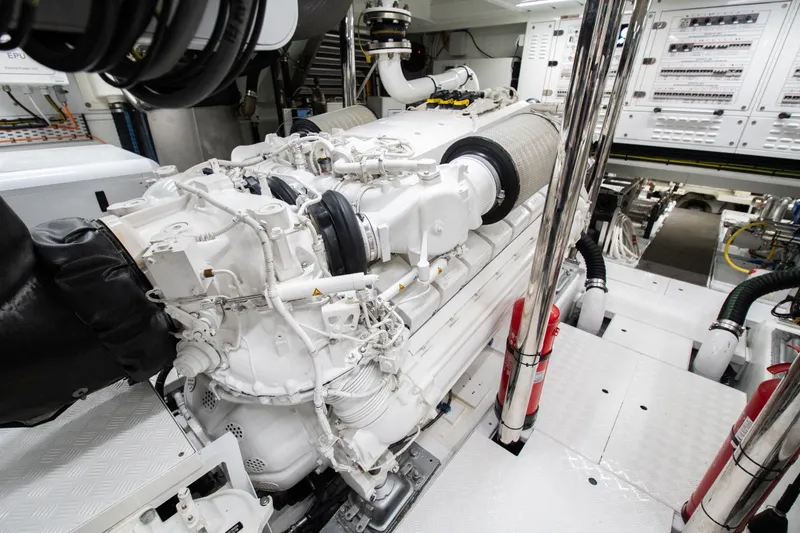 Le Gypsy Yacht Photos Pics Engine room of 2018 Sanlorenzo 102A yacht, showcasing advanced machinery and equipment.