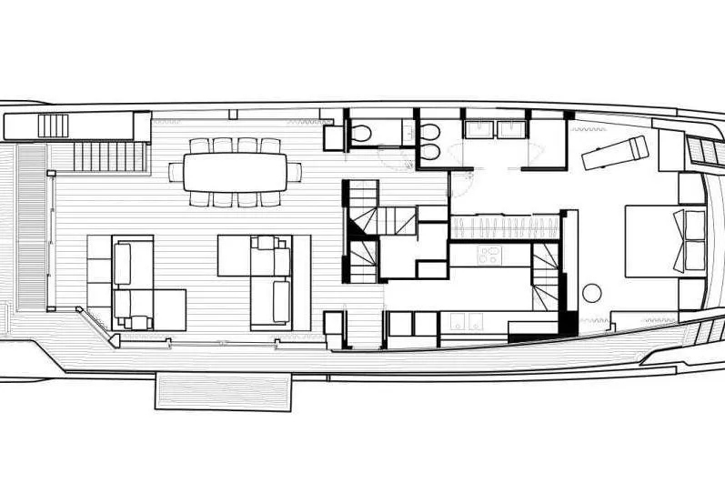 Le Gypsy Yacht Photos Pics Floor plan of a 2018 Sanlorenzo 102A yacht, featuring spacious living and dining areas.