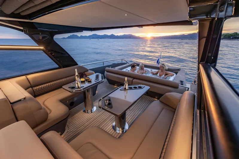 Virtus Yacht Photos Pics Luxurious Steeler B50 AQUAZEN yacht interior with sunset view, 2022 model.