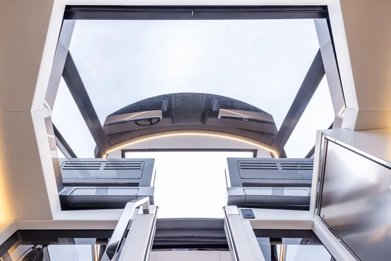 Virtus Yacht Photos Pics Modern interior of 2022 Steeler B50 AQUAZEN yacht with sleek design and large windows.