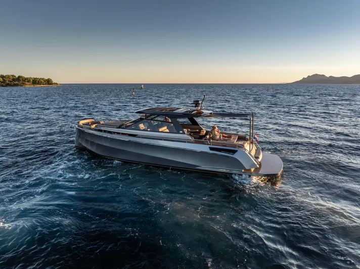 Virtus Yacht Photos Pics Steeler B50 AQUAZEN 2022 yacht cruising on open sea at sunset.