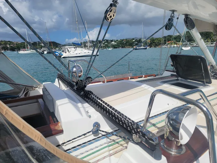 Rio Yacht Photos Pics Tartan 4300 sailboat deck, 2008 model, in a scenic marina setting.