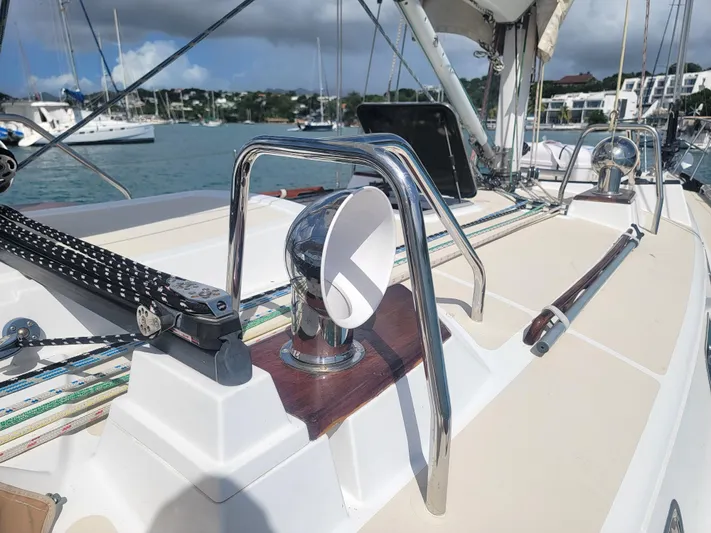 Rio Yacht Photos Pics Tartan 4300 sailboat deck, 2008 model, featuring polished metal fittings and ropes.