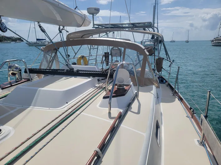 Rio Yacht Photos Pics Sailing yacht Tartan 4300, 2008 model, docked in a sunny marina.