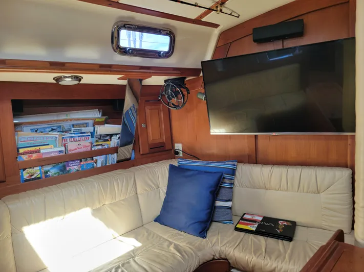 Rio Yacht Photos Pics Cozy Tartan 4300 yacht interior with plush seating, TV, and bookshelf, 2008 model.