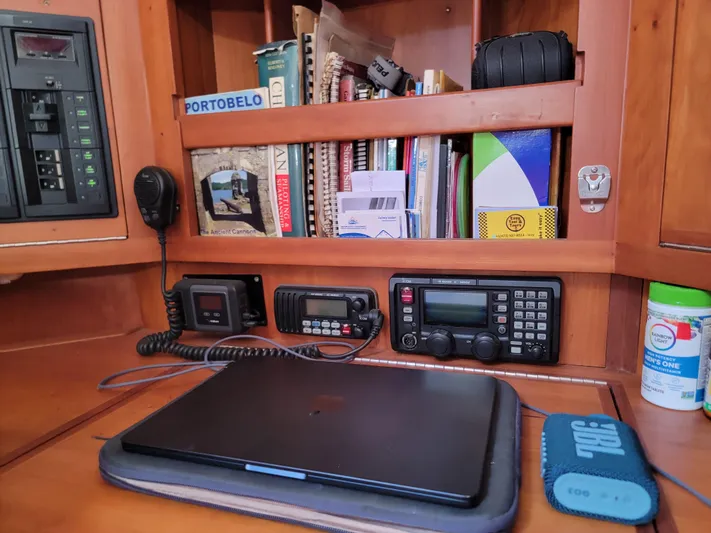 Rio Yacht Photos Pics Sailing yacht Tartan 4300 navigation station with radio equipment and laptop, 2008 model.