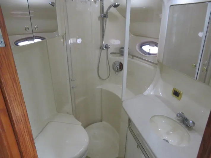  Yacht Photos Pics 2002 Sea Ray 450 Express Bridge bathroom with shower, sink, and toilet.
