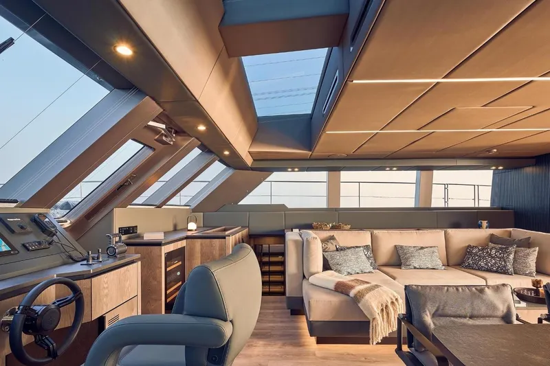  Yacht Photos Pics Luxurious interior of 2026 Sunreef 60 Power yacht with modern design and spacious seating.