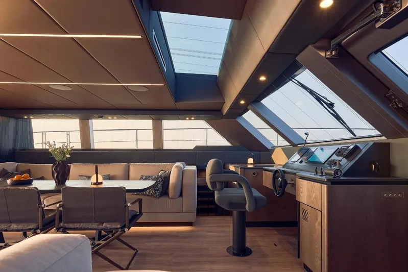  Yacht Photos Pics Luxurious interior of 2026 Sunreef 60 Power yacht with modern design and panoramic windows.