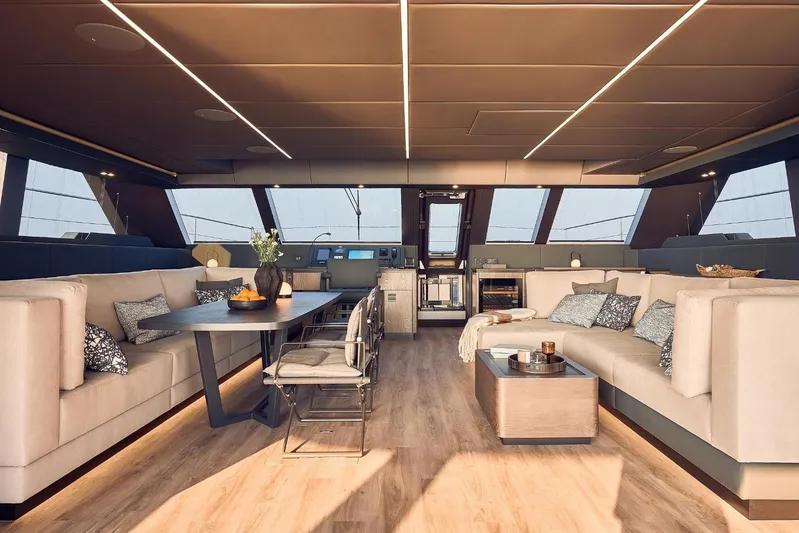  Yacht Photos Pics Luxurious interior of 2026 Sunreef 60 Power yacht with elegant seating and modern decor.