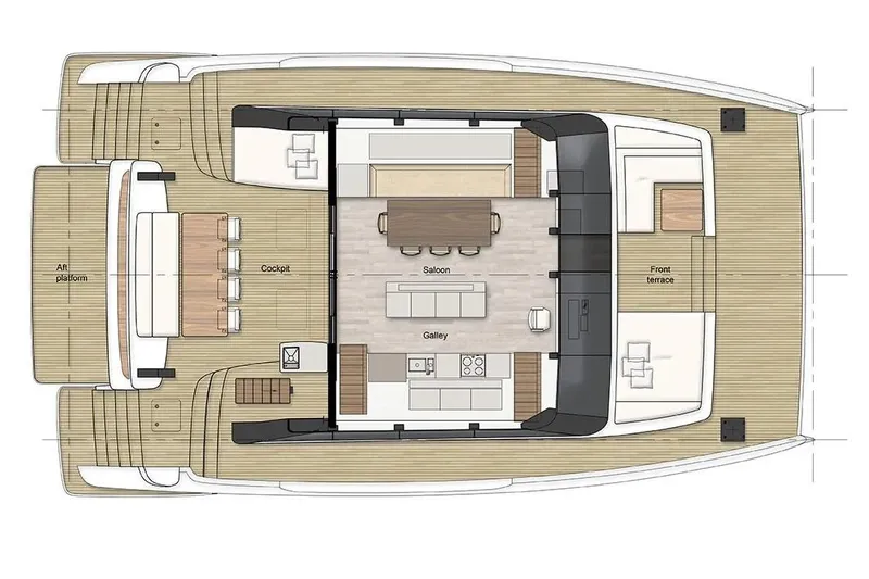  Yacht Photos Pics Floor plan of 2026 Sunreef 60 Power yacht, featuring cockpit, saloon, galley, and front terrace.