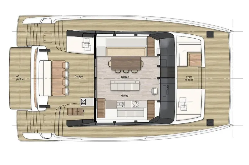  Yacht Photos Pics Floor plan of 2026 Sunreef 60 Power yacht, featuring cockpit, saloon, galley, and front terrace.