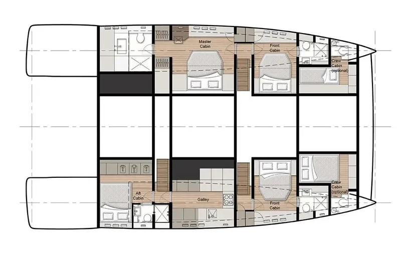 Yacht Photos Pics Floor plan of 2026 Sunreef 60 Power yacht, featuring cabins and galley layout.