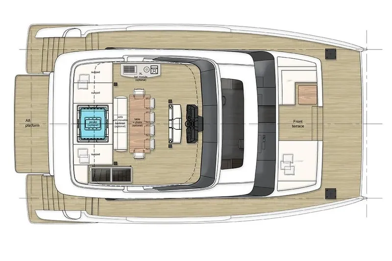  Yacht Photos Pics Floor plan of 2026 Sunreef 60 Power yacht, featuring spacious deck and modern amenities.