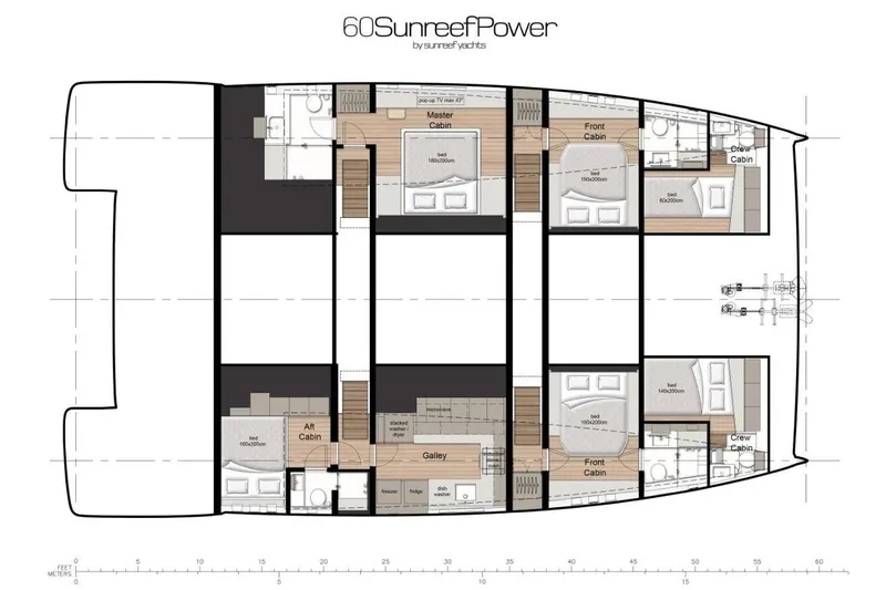  Yacht Photos Pics Floor plan of 2026 Sunreef 60 Power yacht, featuring cabins and galley layout.