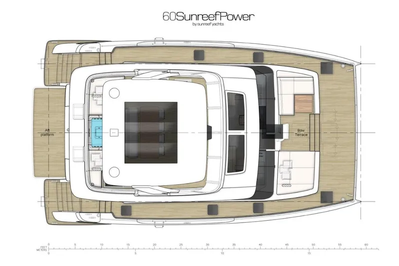  Yacht Photos Pics Top view layout of 2026 Sunreef 60 Power yacht, showcasing deck and interior design.
