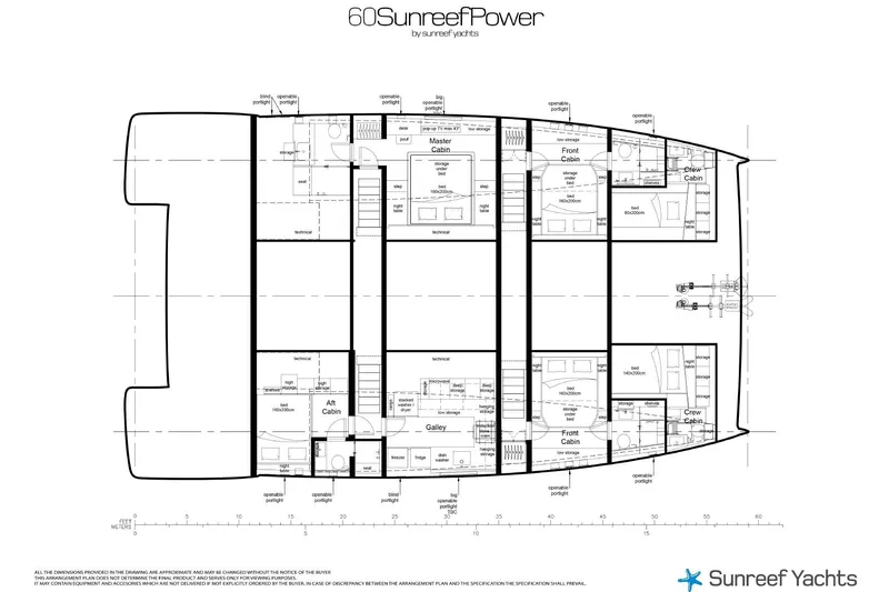  Yacht Photos Pics Sunreef 60 Power 2026 yacht floor plan with detailed cabin layout and amenities.