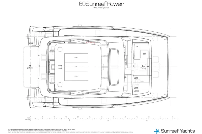  Yacht Photos Pics Blueprint of 2026 Sunreef 60 Power yacht, showcasing deck layout and design features.