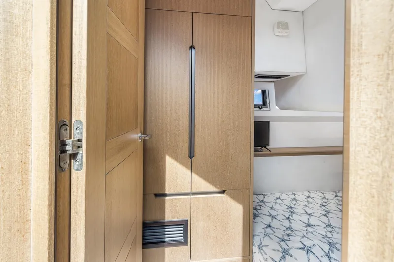  Yacht Photos Pics Interior cabin of 2018 Galeon 430 HTC yacht with wooden finishes and modern design.