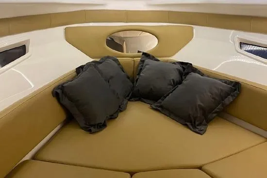  Yacht Photos Pics Luxurious interior of 2024 Hanover 305 White & Gray Edition boat with plush seating and cushions.