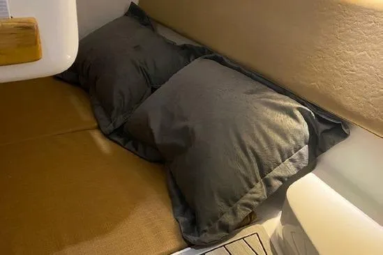  Yacht Photos Pics 2024 Hanover 305 White & Gray Edition interior with cozy bedding and pillows.