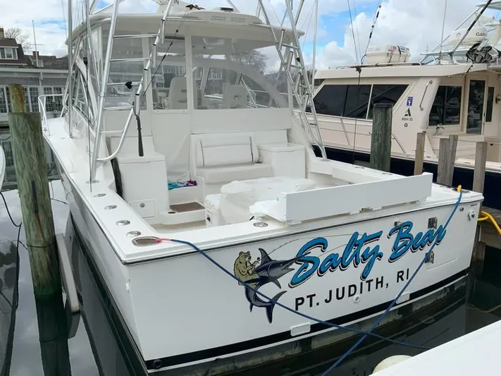 Salty Bear Yacht Photos Pics 2022 Albemarle 360 Express Fisherman docked, featuring "Salty Bear" name, Pt. Judith, RI.