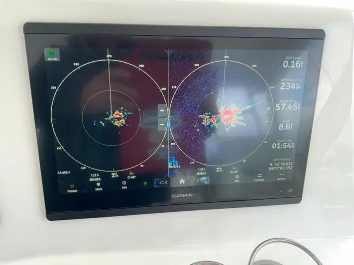 Salty Bear Yacht Photos Pics Garmin radar display on 2022 Albemarle 360 Express Fisherman boat dashboard.