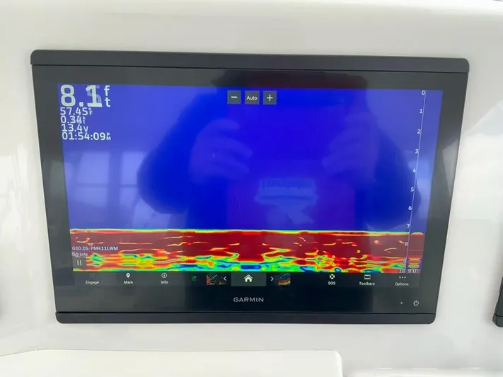 Salty Bear Yacht Photos Pics Garmin fishfinder display on 2022 Albemarle 360 Express Fisherman, showing depth and sonar data.
