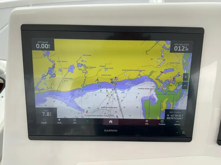 Salty Bear Yacht Photos Pics Garmin navigation display on 2022 Albemarle 360 Express Fisherman boat, showing nautical chart.