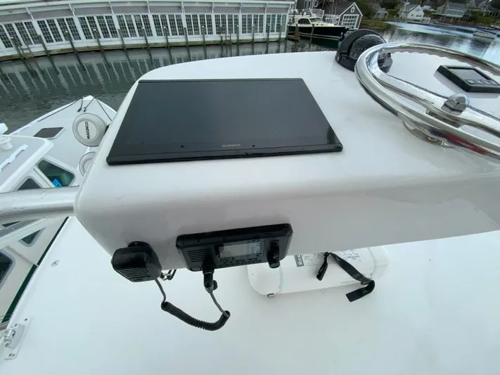 Salty Bear Yacht Photos Pics Control panel of 2022 Albemarle 360 Express Fisherman boat with navigation equipment.