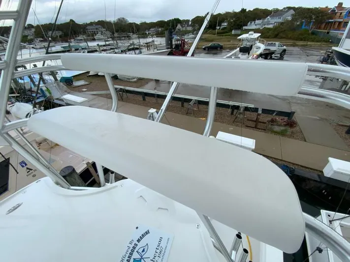 Salty Bear Yacht Photos Pics Albemarle 360 Express Fisherman 2022 boat, view of upper deck seating, marina background.
