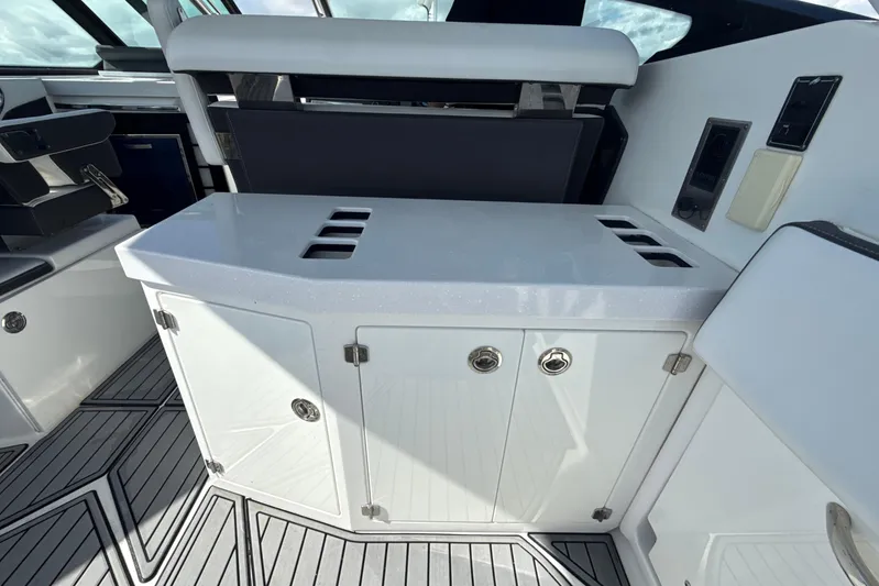  Yacht Photos Pics 2019 Monterey 385 Super Express yacht interior with sleek cabinetry and modern design.