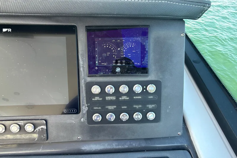  Yacht Photos Pics Control panel of a 2019 Monterey 385 Super Express boat with digital displays.