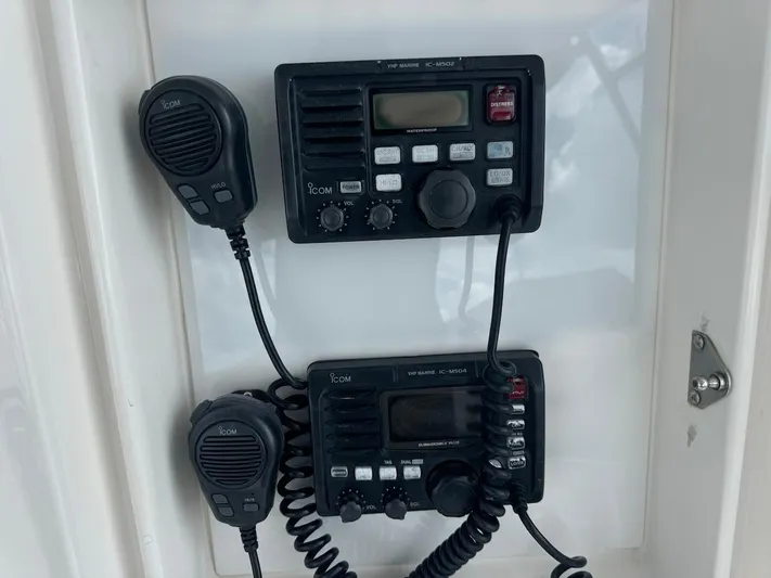  Yacht Photos Pics Marine radios on a 2004 Bertram 510 Convertible boat dashboard.