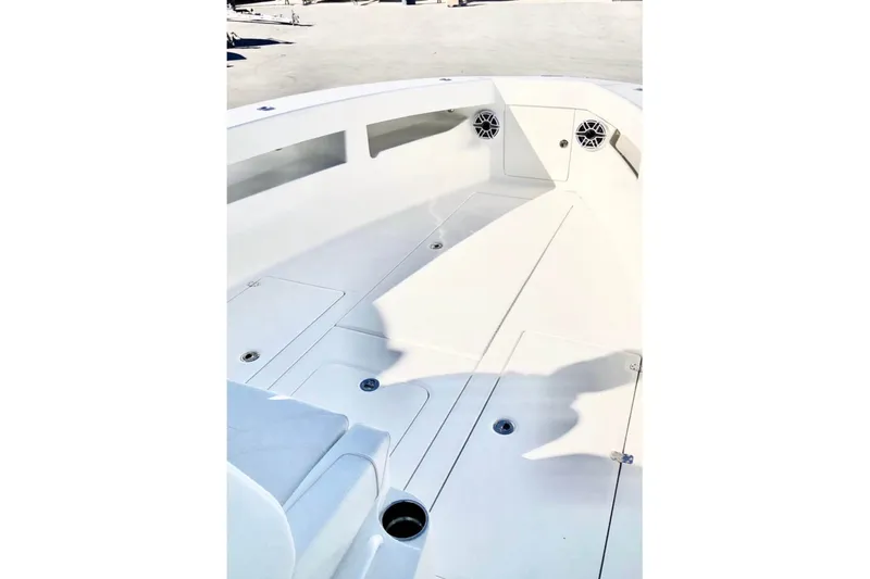  Yacht Photos Pics 2021 SeaVee 340B Open boat interior with spacious deck and storage compartments.