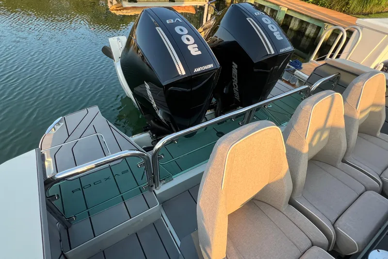  Yacht Photos Pics 2023 Saxdor 320 GTO boat with dual Mercury 300 engines and comfortable seating.
