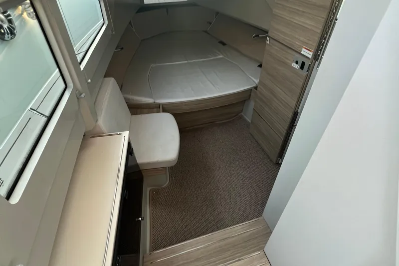  Yacht Photos Pics Interior cabin of 2023 Saxdor 320 GTO, featuring modern design and comfortable seating.