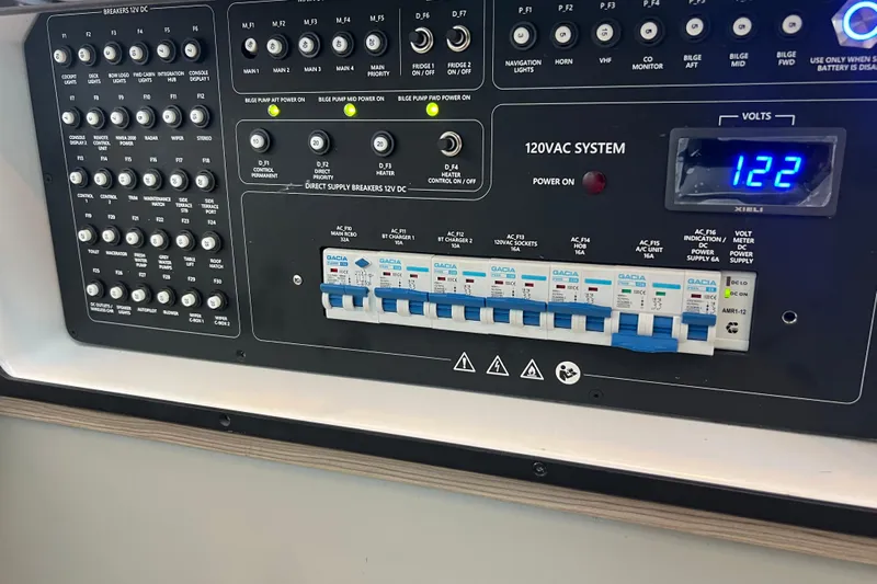  Yacht Photos Pics Control panel of a 2023 Saxdor 320 GTO boat with electrical system display.