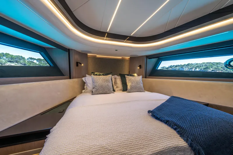  Yacht Photos Pics Luxurious cabin of the 2026 Sunseeker Superhawk 55 yacht.