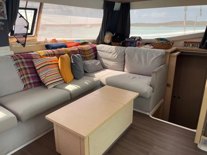Anth'r'flo Yacht Photos Pics Interior of 2017 Fountaine Pajot Helia catamaran with cozy seating and colorful cushions.