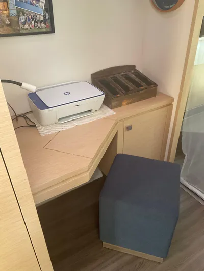 Anth'r'flo Yacht Photos Pics 2017 Fountaine Pajot Helia interior with desk, printer, and stool.