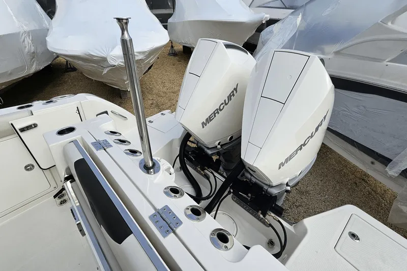  Yacht Photos Pics 2023 Sailfish 316 DC boat with dual Mercury outboard engines.