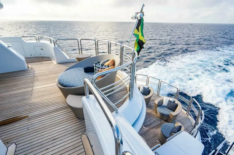 My Spirit Yacht Photos Pics Luxurious 2005 New Zealand Yachts Wave Piercer deck with ocean view and seating area.