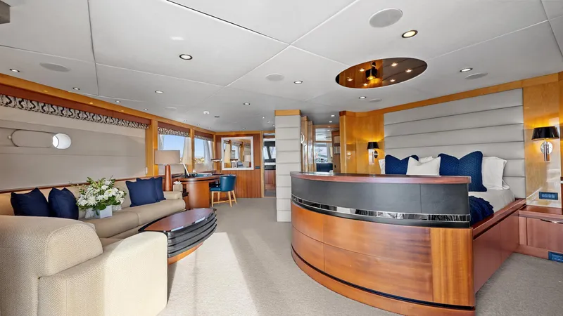 My Spirit Yacht Photos Pics Luxurious 2005 New Zealand Yachts Wave Piercer interior with elegant wood finishes and modern decor.