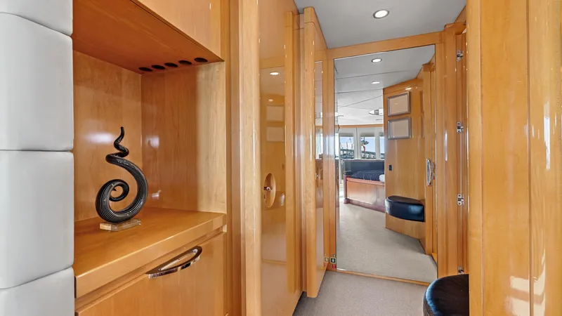 My Spirit Yacht Photos Pics Luxurious interior of 2005 New Zealand Yachts Wave Piercer, featuring elegant wood finishes and modern decor.