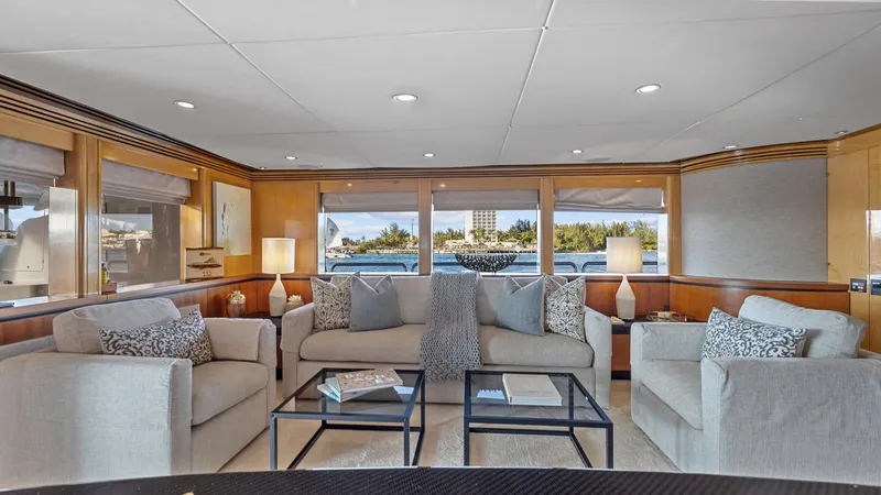 My Spirit Yacht Photos Pics Luxurious 2005 New Zealand Yachts Wave Piercer interior with elegant seating and ocean view.