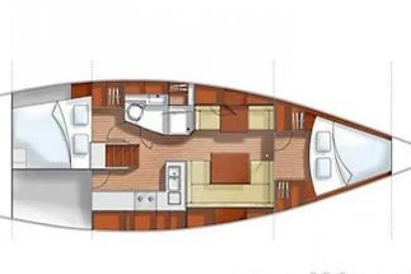  Yacht Photos Pics Floor plan of a 2006 Hanse 370 yacht, featuring cabins, kitchen, and seating area.
