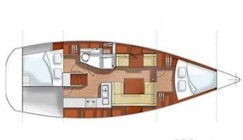  Yacht Photos Pics Floor plan of a 2006 Hanse 370 sailboat, featuring cabins, kitchen, and seating area.