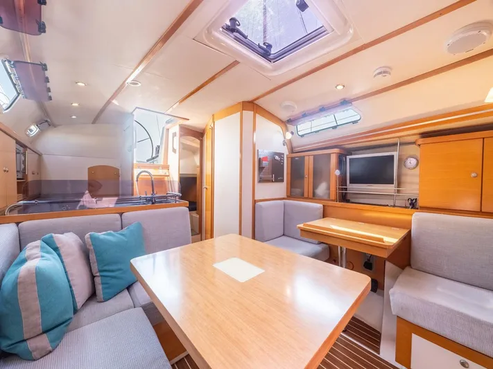  Yacht Photos Pics Interior of 2006 Hanse 370 yacht with cozy seating and modern amenities.