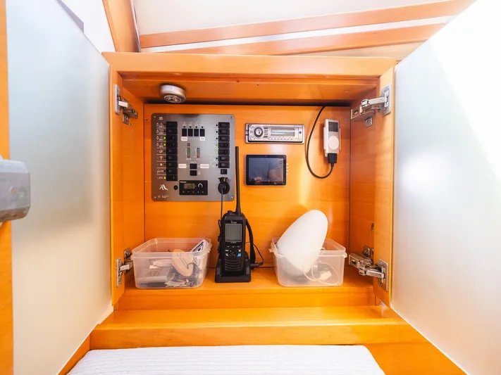  Yacht Photos Pics Electrical panel inside a 2006 Hanse 370 yacht, featuring controls and communication devices.